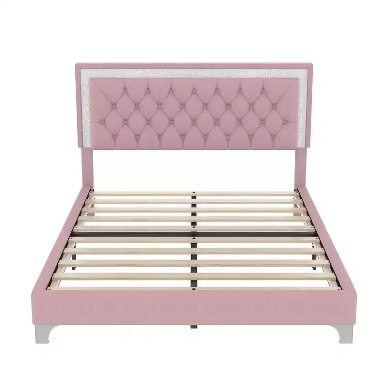 Whisen Queen Size Upholstered Bed Frame, Modern Velvet Platform Bed with Tufted Headboard