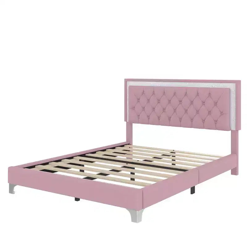 Whisen Queen Size Upholstered Bed Frame, Modern Velvet Platform Bed with Tufted Headboard