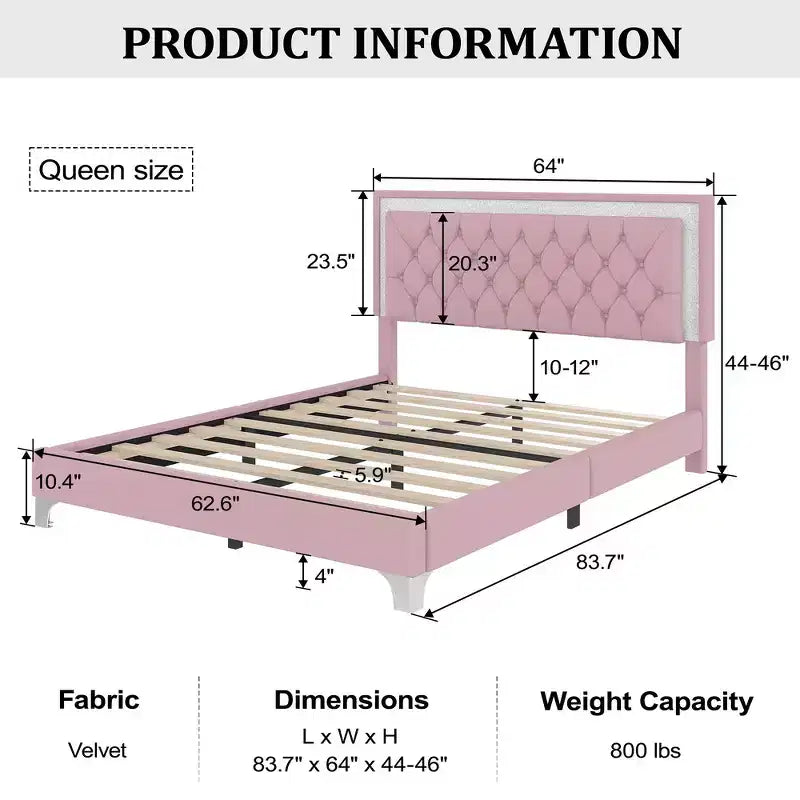 Whisen Queen Size Upholstered Bed Frame, Modern Velvet Platform Bed with Tufted Headboard