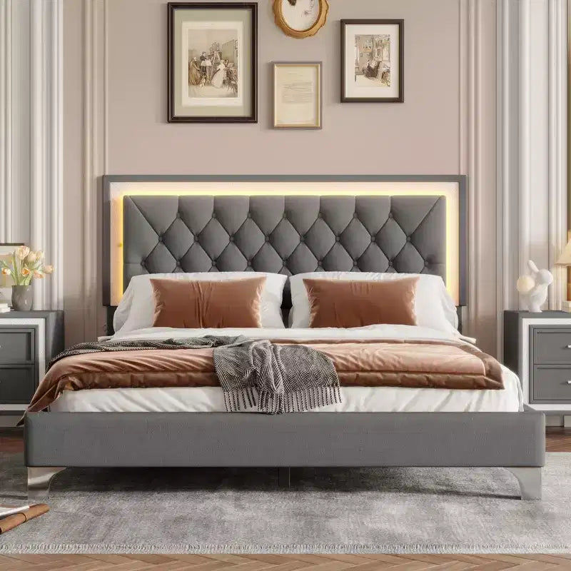 Whisen Queen Size Upholstered Bed Frame, Modern Velvet Platform Bed with Tufted Headboard