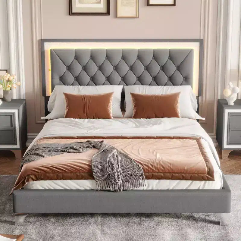 Whisen Queen Size Upholstered Bed Frame, Modern Velvet Platform Bed with Tufted Headboard