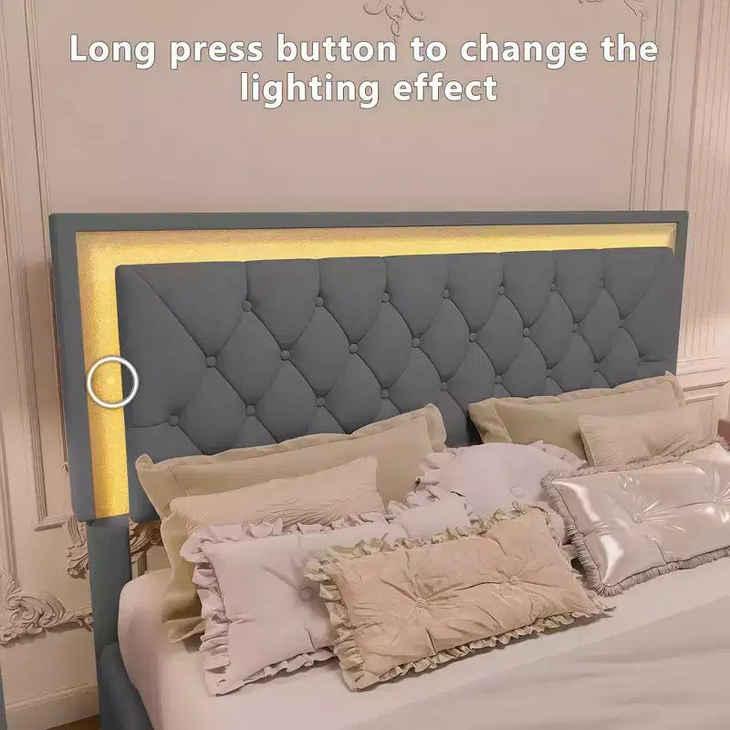 Whisen Queen Size Upholstered Bed Frame, Modern Velvet Platform Bed with Tufted Headboard