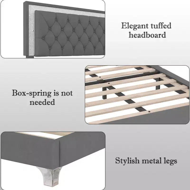 Whisen Queen Size Upholstered Bed Frame, Modern Velvet Platform Bed with Tufted Headboard