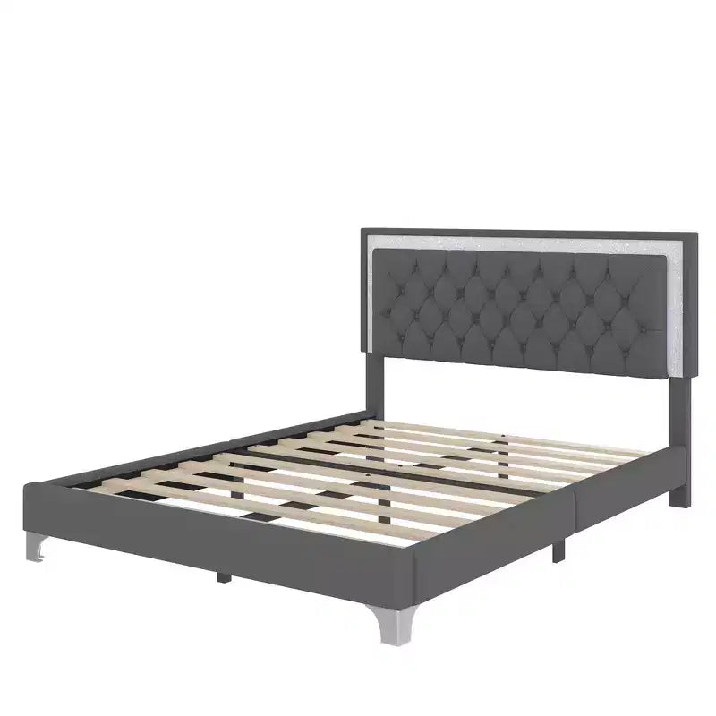 Whisen Queen Size Upholstered Bed Frame, Modern Velvet Platform Bed with Tufted Headboard