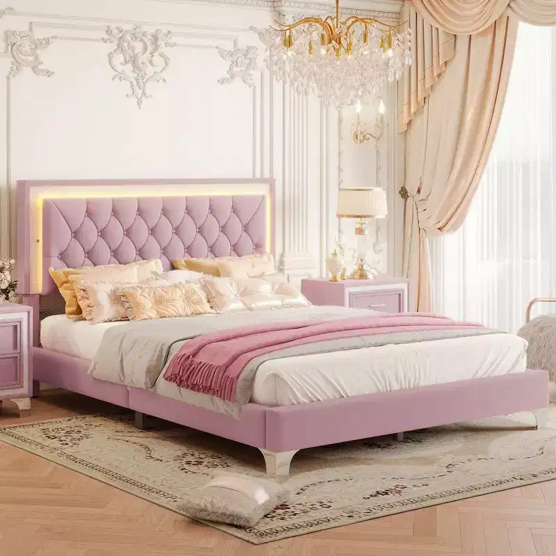 Whisen Queen Size Upholstered Bed Frame, Modern Velvet Platform Bed with Tufted Headboard