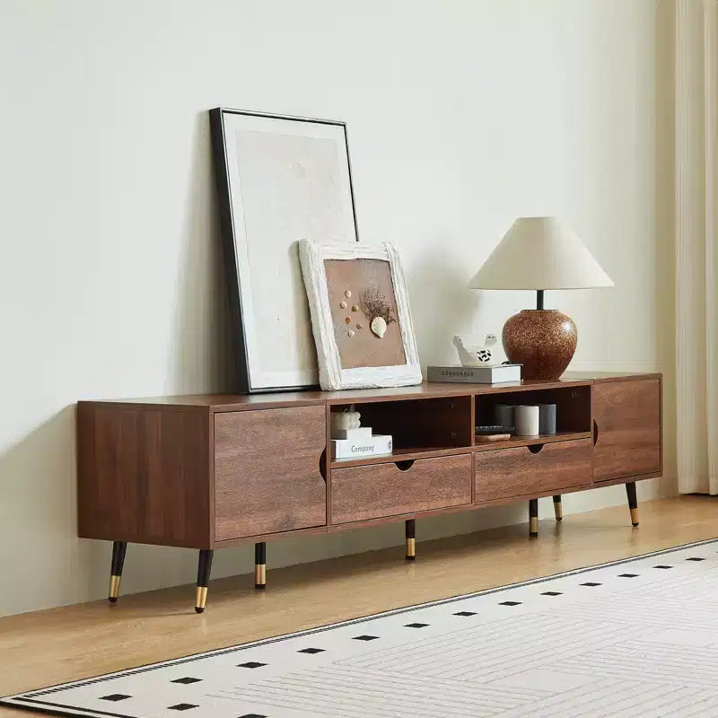 JVNOXK 78.7 ''Walnut Media Console, Mid-Century Modern TV Stand, Suitable for TVs Under 85 Inches, Featuring Drawers,Open Shelving,for living room