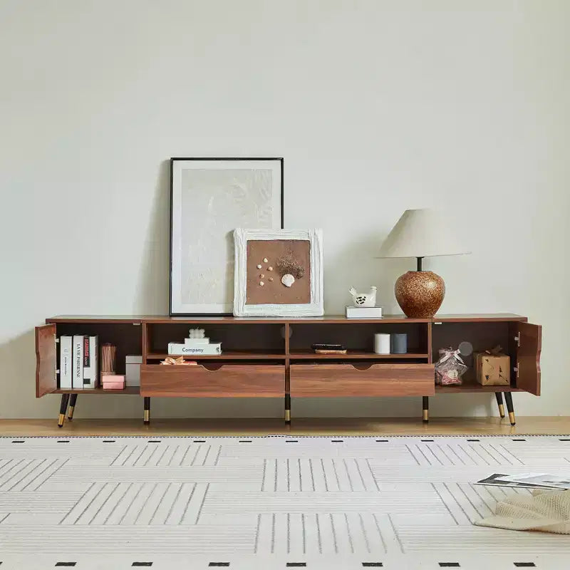JVNOXK 78.7 ''Walnut Media Console, Mid-Century Modern TV Stand, Suitable for TVs Under 85 Inches, Featuring Drawers,Open Shelving,for living room