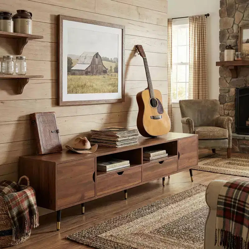 JVNOXK 78.7 ''Walnut Media Console, Mid-Century Modern TV Stand, Suitable for TVs Under 85 Inches, Featuring Drawers,Open Shelving,for living room