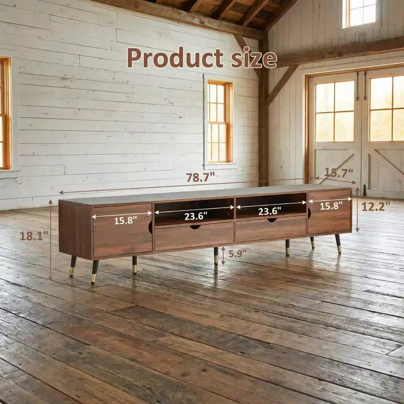 JVNOXK 78.7 ''Walnut Media Console, Mid-Century Modern TV Stand, Suitable for TVs Under 85 Inches, Featuring Drawers,Open Shelving,for living room