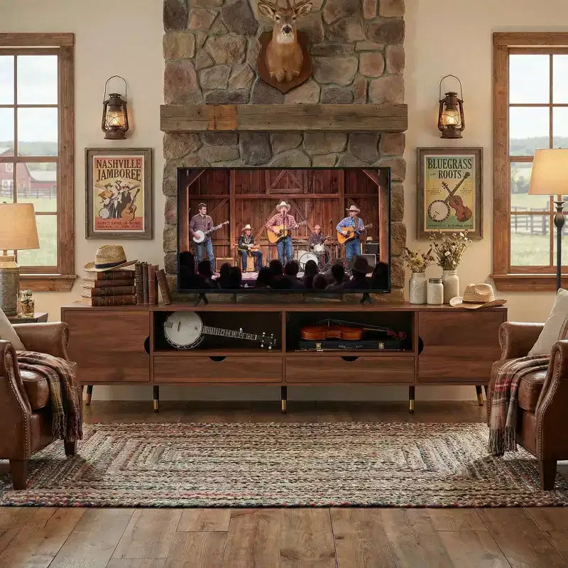 JVNOXK 78.7 ''Walnut Media Console, Mid-Century Modern TV Stand, Suitable for TVs Under 85 Inches, Featuring Drawers,Open Shelving,for living room