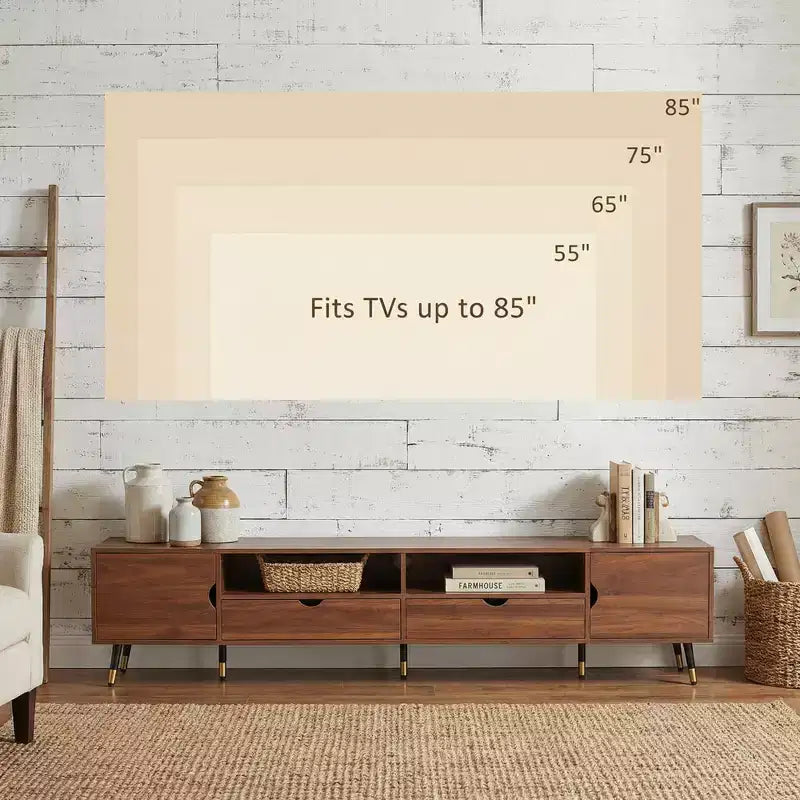 JVNOXK 78.7 ''Walnut Media Console, Mid-Century Modern TV Stand, Suitable for TVs Under 85 Inches, Featuring Drawers,Open Shelving,for living room