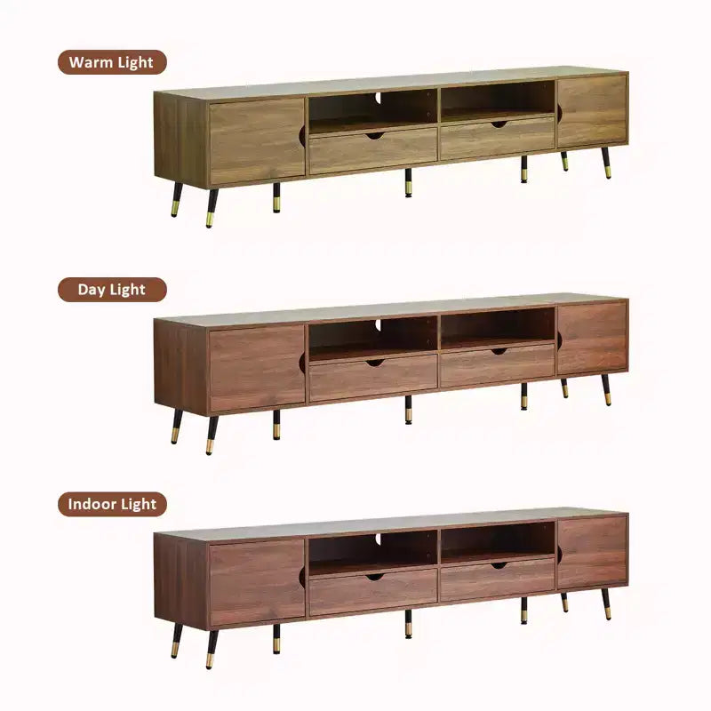 JVNOXK 78.7 ''Walnut Media Console, Mid-Century Modern TV Stand, Suitable for TVs Under 85 Inches, Featuring Drawers,Open Shelving,for living room