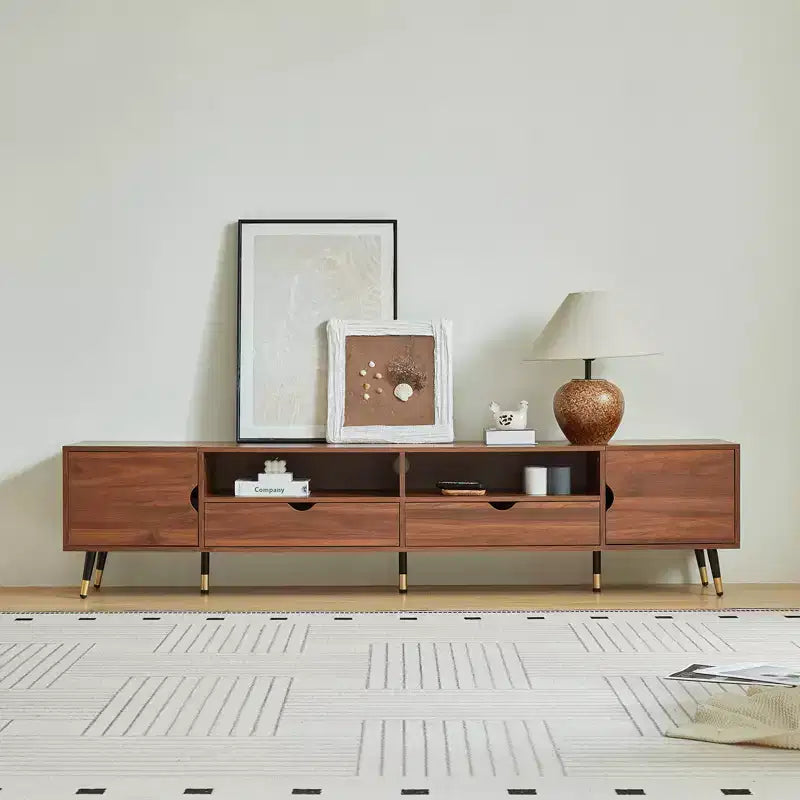 JVNOXK 78.7 ''Walnut Media Console, Mid-Century Modern TV Stand, Suitable for TVs Under 85 Inches, Featuring Drawers,Open Shelving,for living room