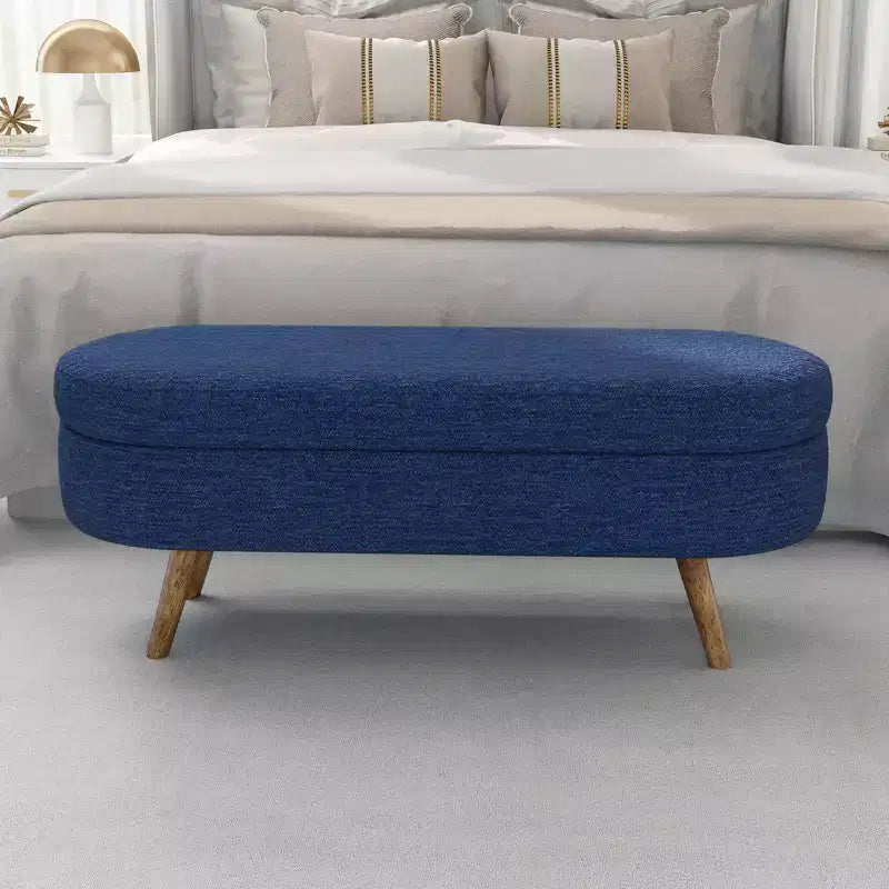TUYOHW 44 Modern Storage Bench with Linen Upholstered Oval Footstool End of Bed Bench with Wood Legs Entryway Bench for Bedroom, Living Room