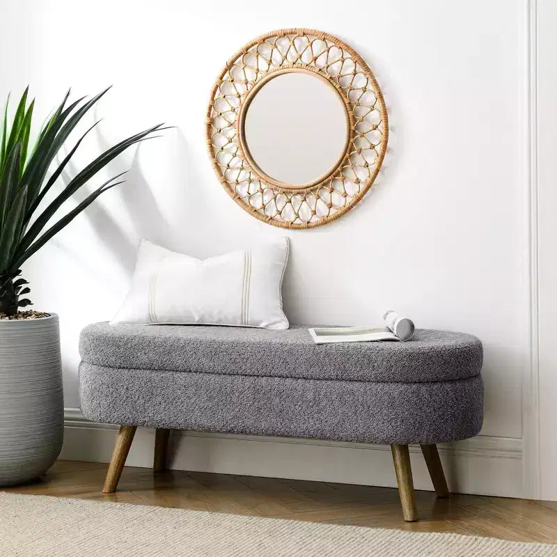 TUYOHW 44 Modern Storage Bench with Linen Upholstered Oval Footstool End of Bed Bench with Wood Legs Entryway Bench for Bedroom, Living Room