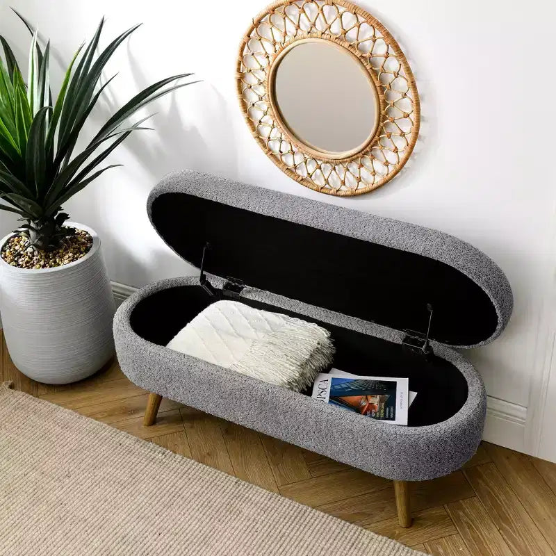 TUYOHW 44 Modern Storage Bench with Linen Upholstered Oval Footstool End of Bed Bench with Wood Legs Entryway Bench for Bedroom, Living Room