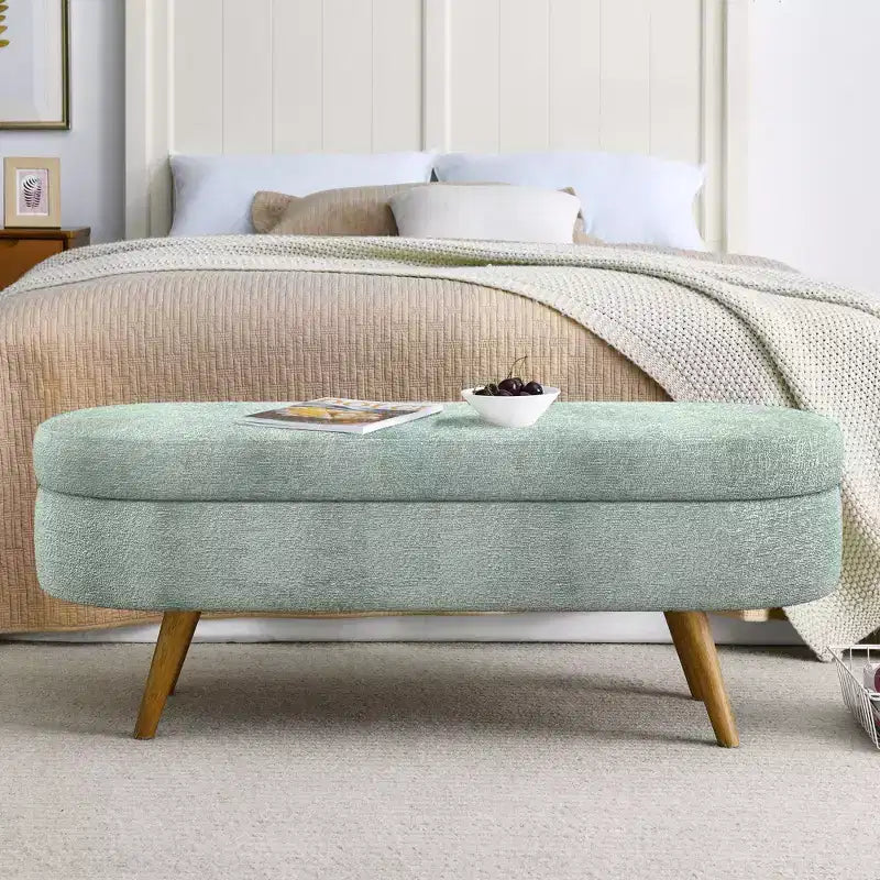TUYOHW 44 Modern Storage Bench with Linen Upholstered Oval Footstool End of Bed Bench with Wood Legs Entryway Bench for Bedroom, Living Room