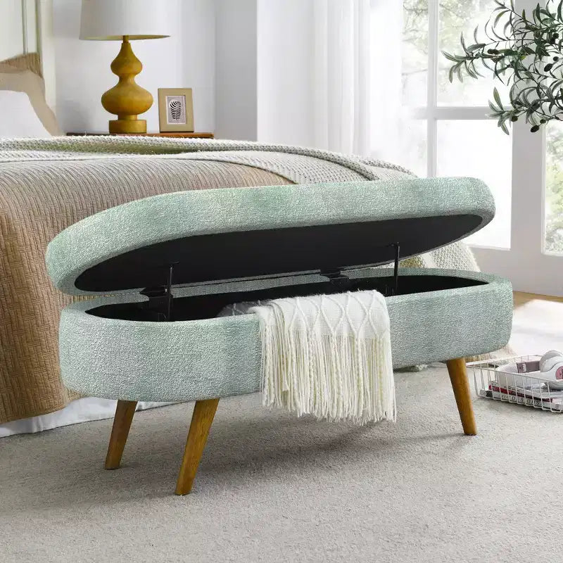 TUYOHW 44 Modern Storage Bench with Linen Upholstered Oval Footstool End of Bed Bench with Wood Legs Entryway Bench for Bedroom, Living Room