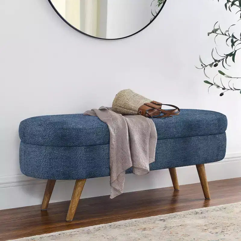 TUYOHW 44 Modern Storage Bench with Linen Upholstered Oval Footstool End of Bed Bench with Wood Legs Entryway Bench for Bedroom, Living Room