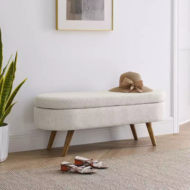 TUYOHW 44 Modern Storage Bench with Linen Upholstered Oval Footstool End of Bed Bench with Wood Legs Entryway Bench for Bedroom, Living Room