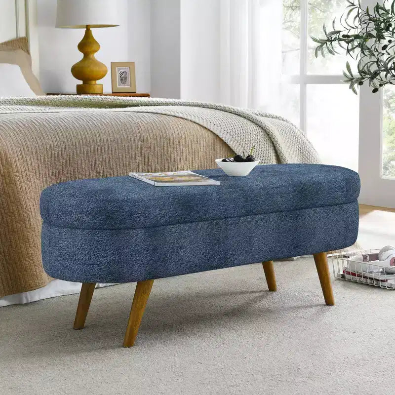 TUYOHW 44 Modern Storage Bench with Linen Upholstered Oval Footstool End of Bed Bench with Wood Legs Entryway Bench for Bedroom, Living Room