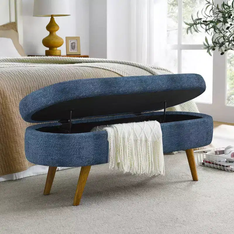 TUYOHW 44 Modern Storage Bench with Linen Upholstered Oval Footstool End of Bed Bench with Wood Legs Entryway Bench for Bedroom, Living Room