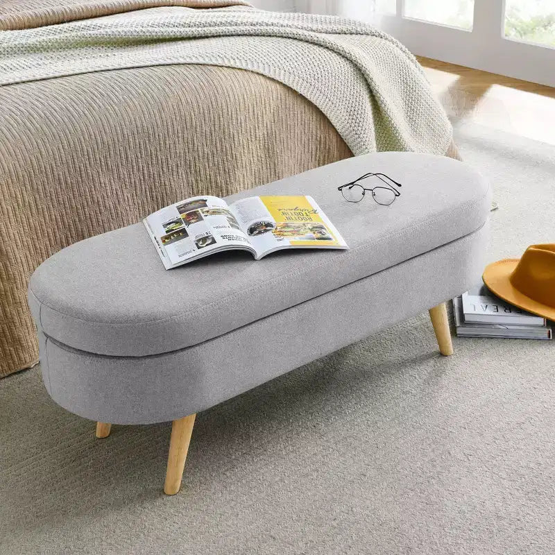 TUYOHW 44 Modern Storage Bench with Linen Upholstered Oval Footstool End of Bed Bench with Wood Legs Entryway Bench for Bedroom, Living Room