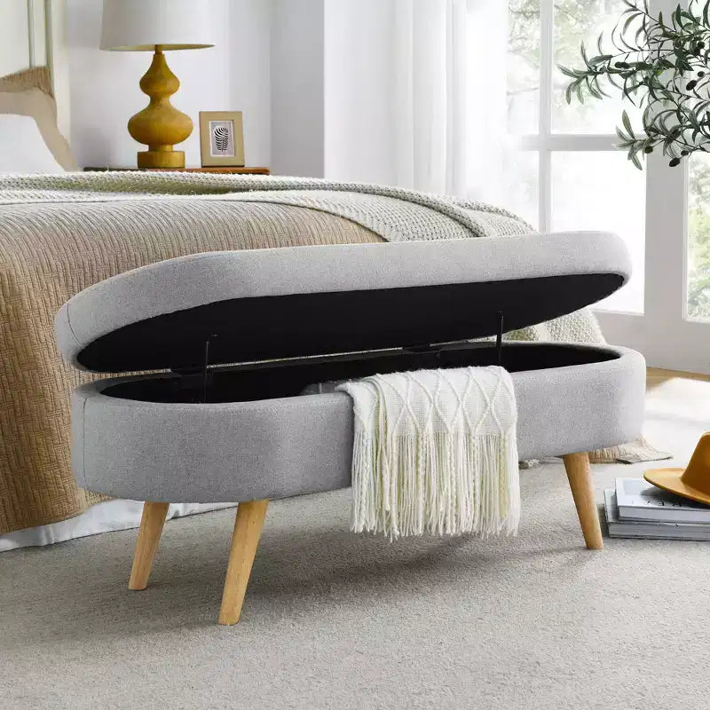 TUYOHW 44 Modern Storage Bench with Linen Upholstered Oval Footstool End of Bed Bench with Wood Legs Entryway Bench for Bedroom, Living Room