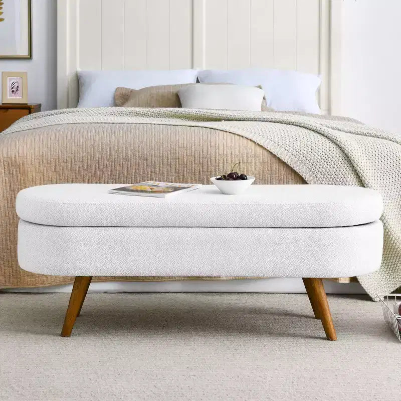 TUYOHW 44 Modern Storage Bench with Linen Upholstered Oval Footstool End of Bed Bench with Wood Legs Entryway Bench for Bedroom, Living Room
