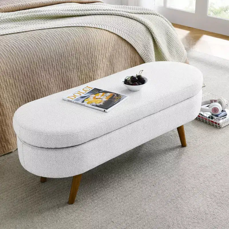 TUYOHW 44 Modern Storage Bench with Linen Upholstered Oval Footstool End of Bed Bench with Wood Legs Entryway Bench for Bedroom, Living Room