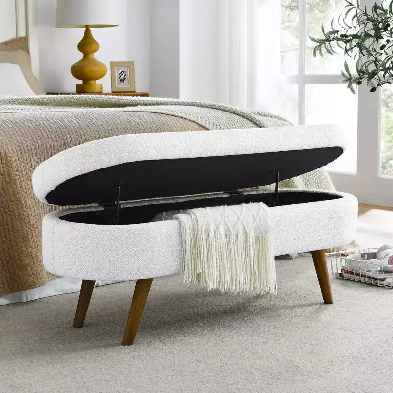 TUYOHW 44 Modern Storage Bench with Linen Upholstered Oval Footstool End of Bed Bench with Wood Legs Entryway Bench for Bedroom, Living Room