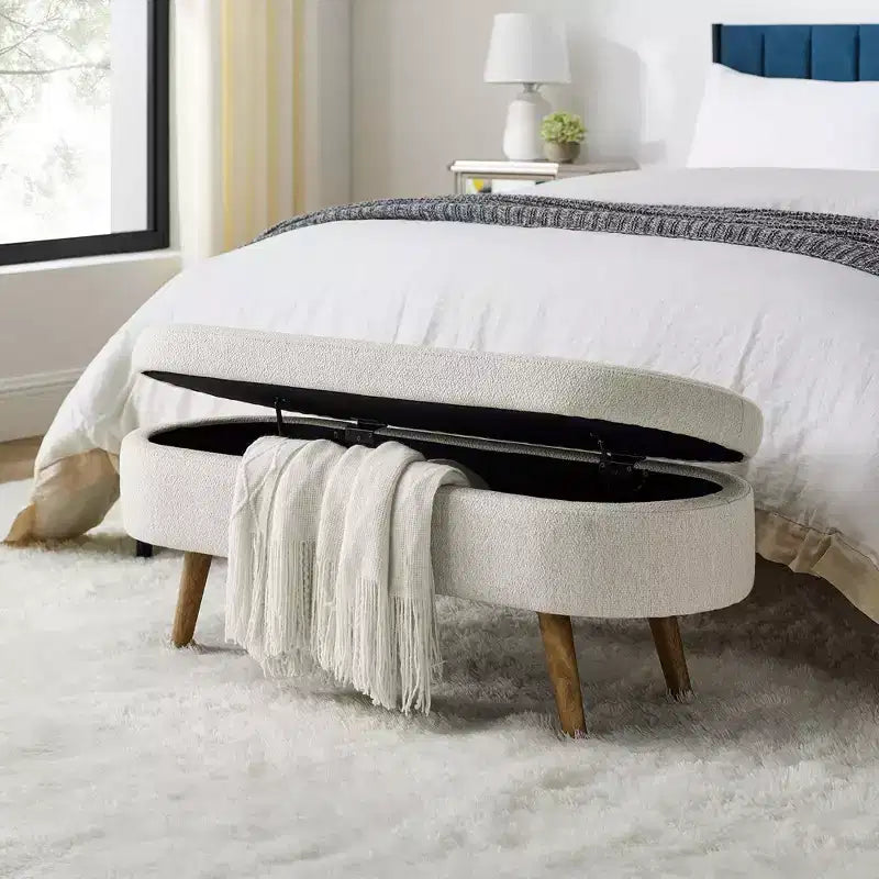 TUYOHW 44 Modern Storage Bench with Linen Upholstered Oval Footstool End of Bed Bench with Wood Legs Entryway Bench for Bedroom, Living Room