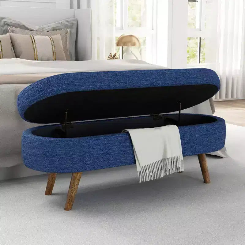 TUYOHW 44 Modern Storage Bench with Linen Upholstered Oval Footstool End of Bed Bench with Wood Legs Entryway Bench for Bedroom, Living Room