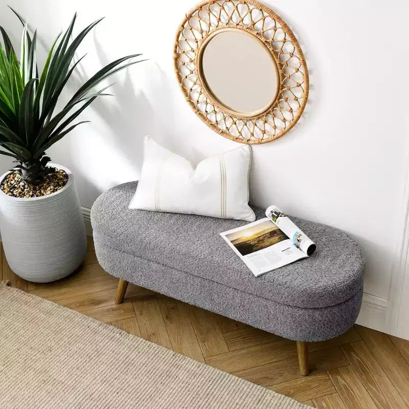 TUYOHW 44 Modern Storage Bench with Linen Upholstered Oval Footstool End of Bed Bench with Wood Legs Entryway Bench for Bedroom, Living Room