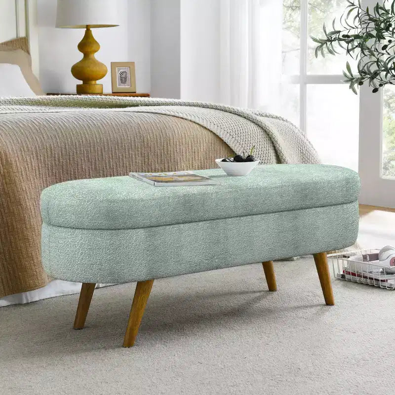 TUYOHW 44 Modern Storage Bench with Linen Upholstered Oval Footstool End of Bed Bench with Wood Legs Entryway Bench for Bedroom, Living Room