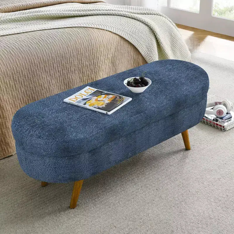 TUYOHW 44 Modern Storage Bench with Linen Upholstered Oval Footstool End of Bed Bench with Wood Legs Entryway Bench for Bedroom, Living Room