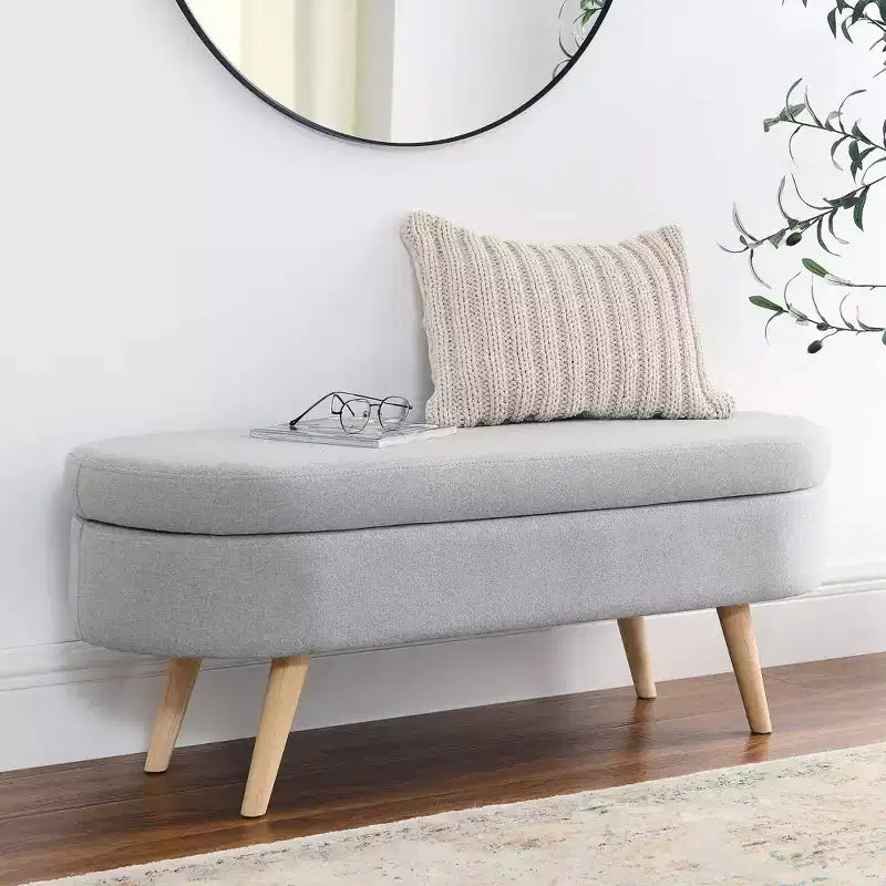 TUYOHW 44 Modern Storage Bench with Linen Upholstered Oval Footstool End of Bed Bench with Wood Legs Entryway Bench for Bedroom, Living Room