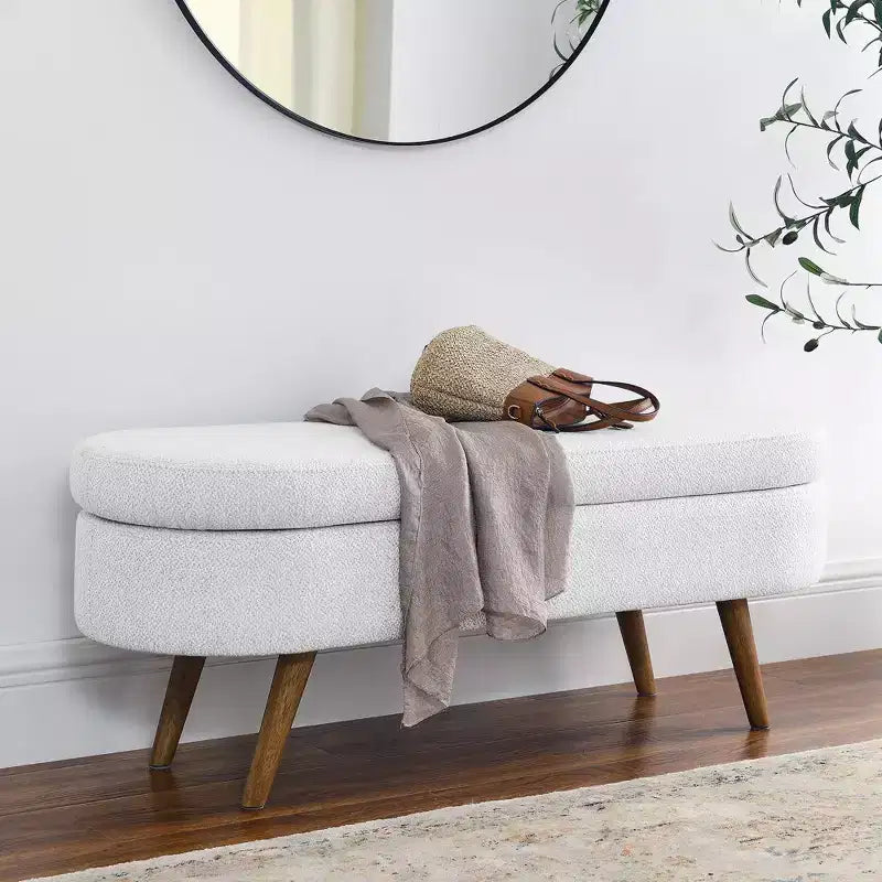 TUYOHW 44 Modern Storage Bench with Linen Upholstered Oval Footstool End of Bed Bench with Wood Legs Entryway Bench for Bedroom, Living Room