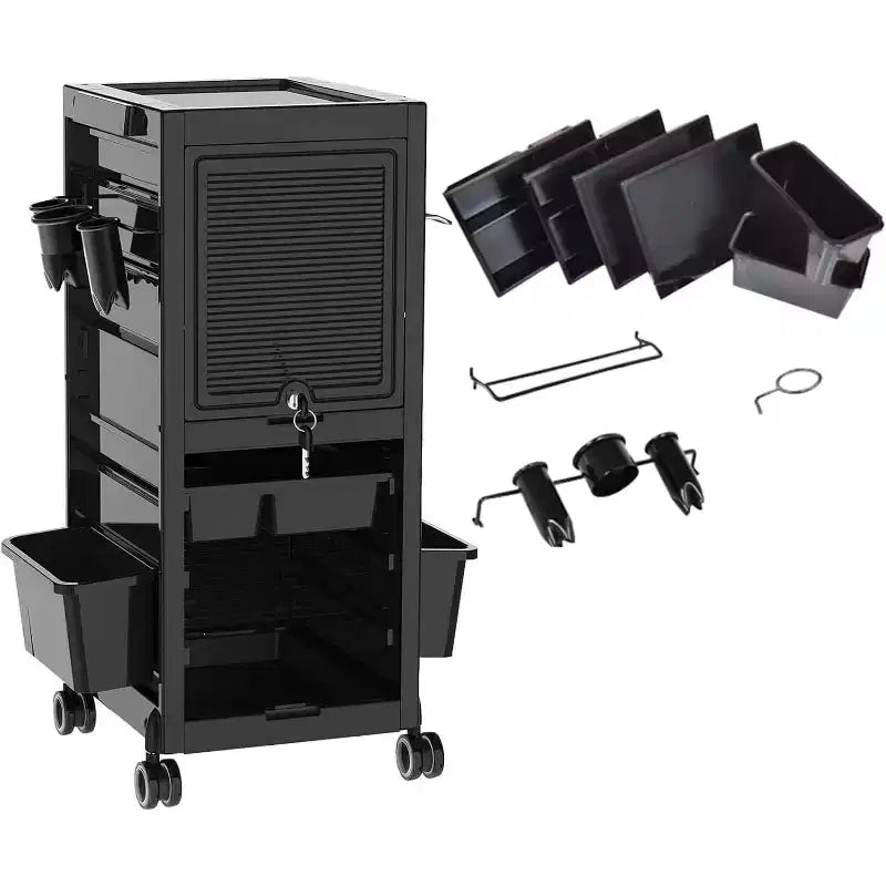 COZONY Salon Trolley Cart Lockable Rolling Cart with Wheels, Rolling Cart with Drawers, Beauty Salon Rolling Trolley Cart with 6 Trays & Tool Holders