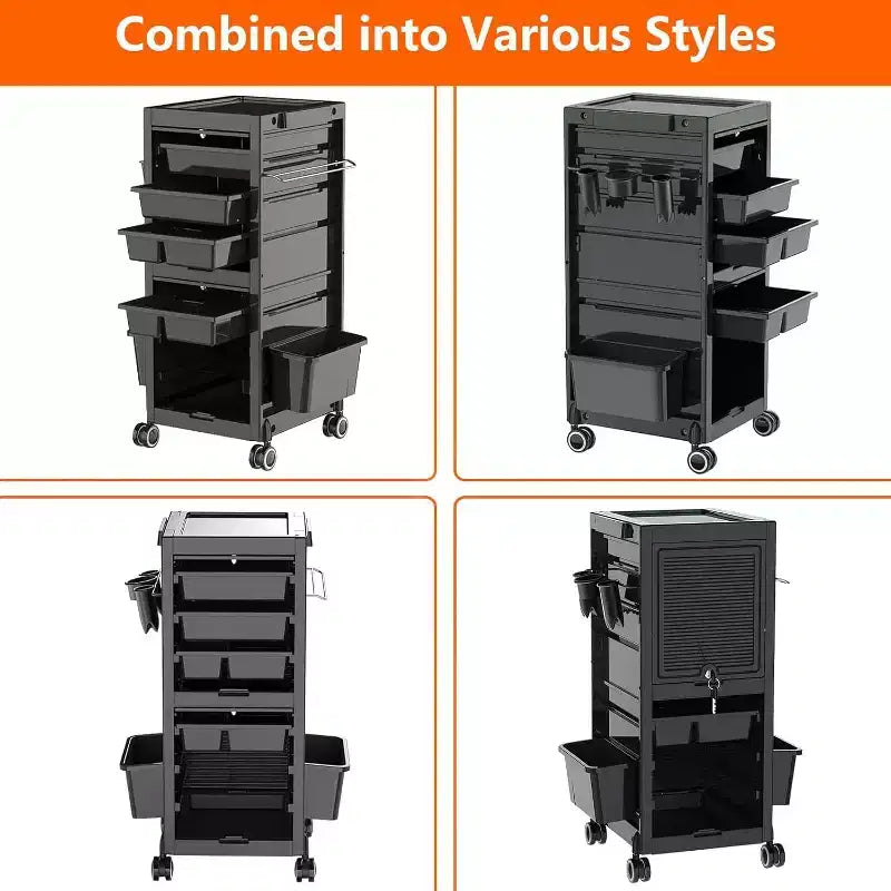 COZONY Salon Trolley Cart Lockable Rolling Cart with Wheels, Rolling Cart with Drawers, Beauty Salon Rolling Trolley Cart with 6 Trays & Tool Holders