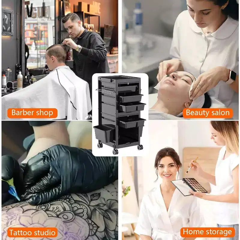 COZONY Salon Trolley Cart Lockable Rolling Cart with Wheels, Rolling Cart with Drawers, Beauty Salon Rolling Trolley Cart with 6 Trays & Tool Holders