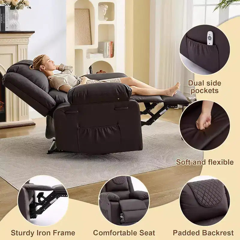 Oversized Massage Recliner Chair, PU Leather Single Sofa with Vibration Massage, Manual Reclining Chair for Living Room & Bedroom