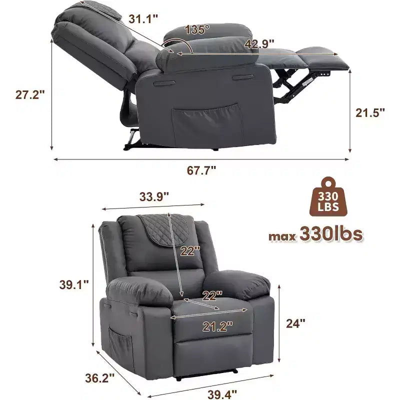 Oversized Massage Recliner Chair, PU Leather Single Sofa with Vibration Massage, Manual Reclining Chair for Living Room & Bedroom