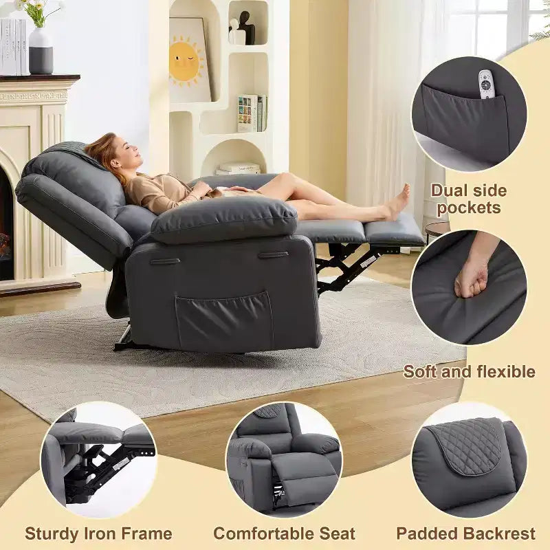 Oversized Massage Recliner Chair, PU Leather Single Sofa with Vibration Massage, Manual Reclining Chair for Living Room & Bedroom