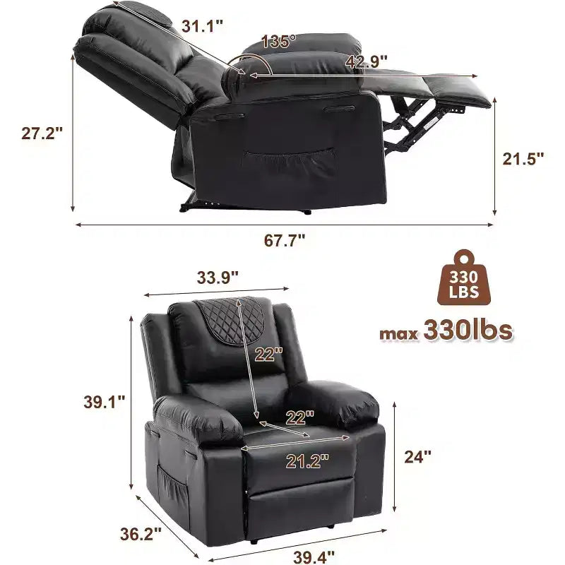 Oversized Massage Recliner Chair, PU Leather Single Sofa with Vibration Massage, Manual Reclining Chair for Living Room & Bedroom