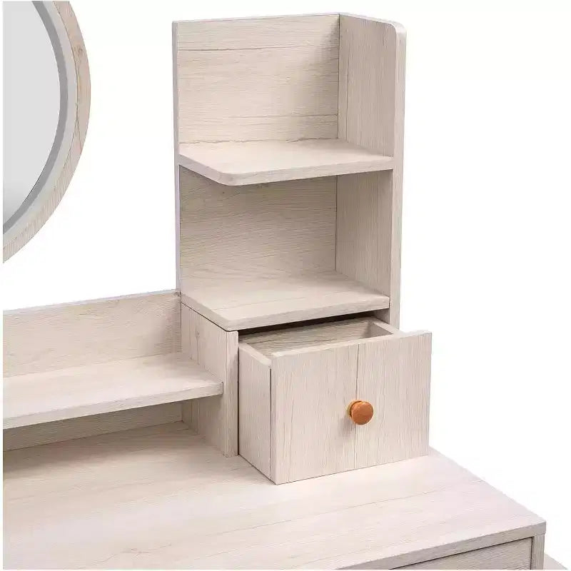 Modern Vanity Table and Stool Set - Touch Control LED Mirror with 5 Drawers for Bedroom and Dressing Room (White Oak)