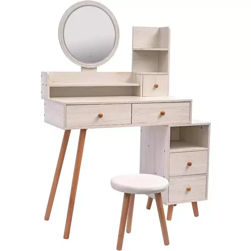 Modern Vanity Table and Stool Set - Touch Control LED Mirror with 5 Drawers for Bedroom and Dressing Room (White Oak)