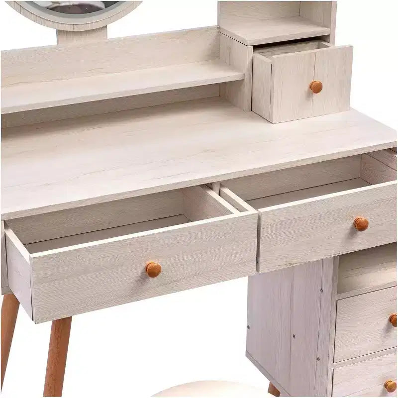 Modern Vanity Table and Stool Set - Touch Control LED Mirror with 5 Drawers for Bedroom and Dressing Room (White Oak)