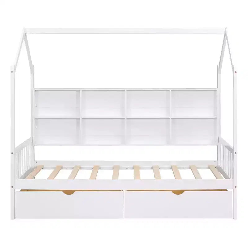 Twin Size House Bed,with Trundle and Storage Shelf,Kids Bed with Roof Design,Multifunctional Sky Roof House Bed Frame,No Box Spring Required