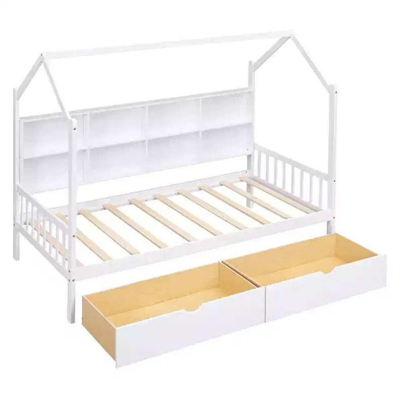 Twin Size House Bed,with Trundle and Storage Shelf,Kids Bed with Roof Design,Multifunctional Sky Roof House Bed Frame,No Box Spring Required